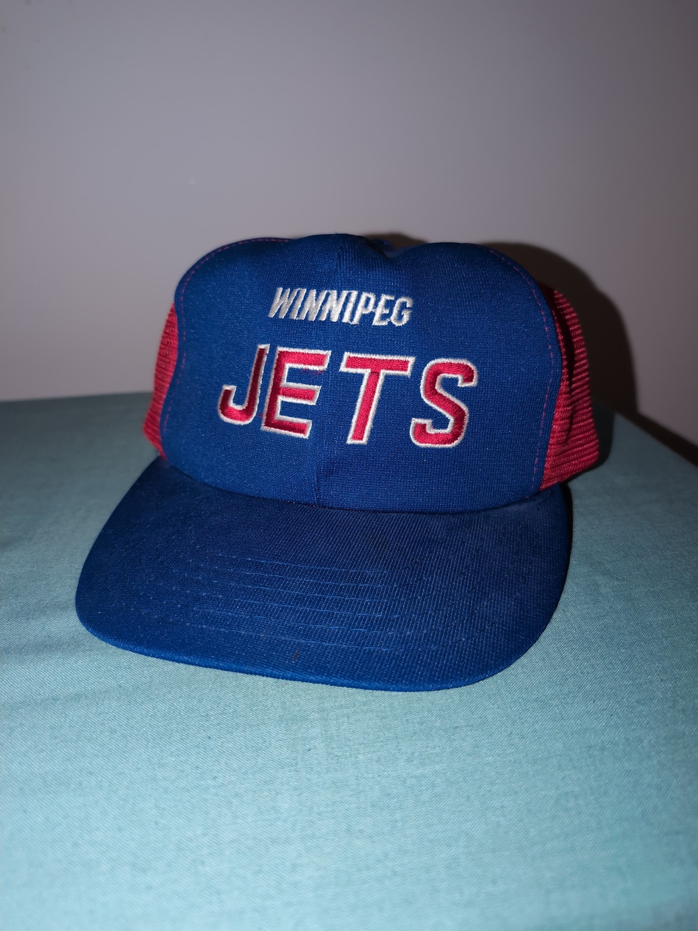 RARE Vintage NHL Winnipeg Jets Hockey Blue and Red Mesh Back Cap